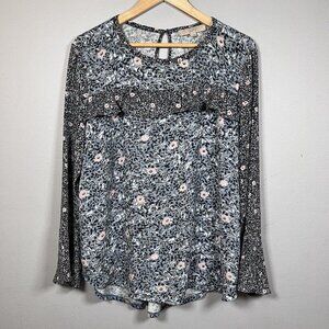 LOFT Blouse Floral Bell Sleeve Ruffle Multicolor Round Neck Casual Top Women's L